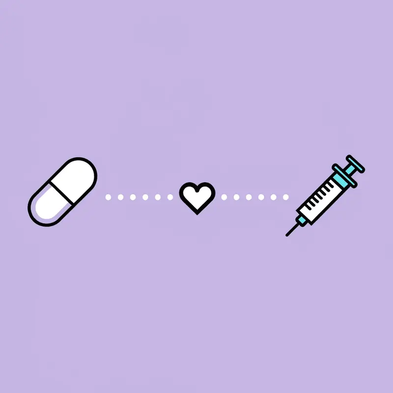 Pill and syringe connected by a line, both labeled with semaglutide to show they contain the same active ingredient