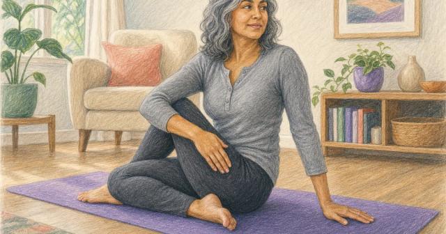 Woman doing a gentle seated stretch on a mat at home