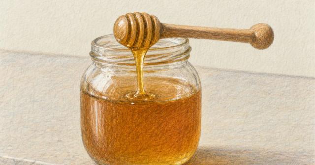 Thick honey drawing slowly off a wooden dipper into a glass jar on a counter