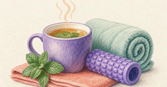 Mug of tea, rolled towel, foam roller and mint sprig arranged on a plain background