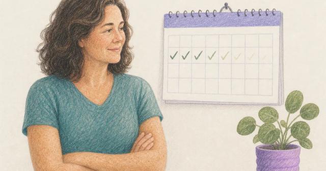 Wall calendar with check marks fading across two weeks