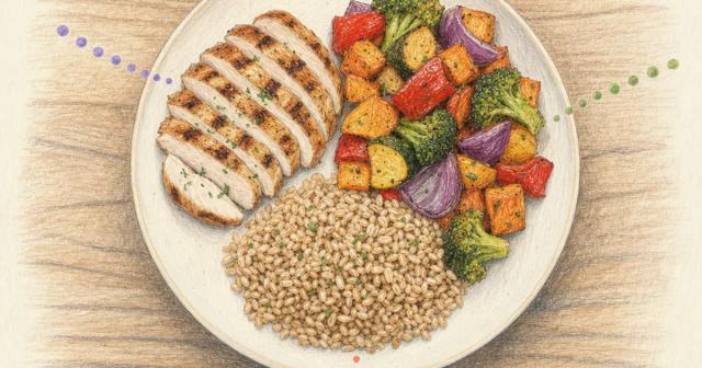 A dinner plate divided into protein, vegetables and whole grains, seen from above