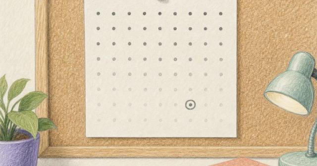 Paper grid of hand-inked dots fading across rows with one dot circled