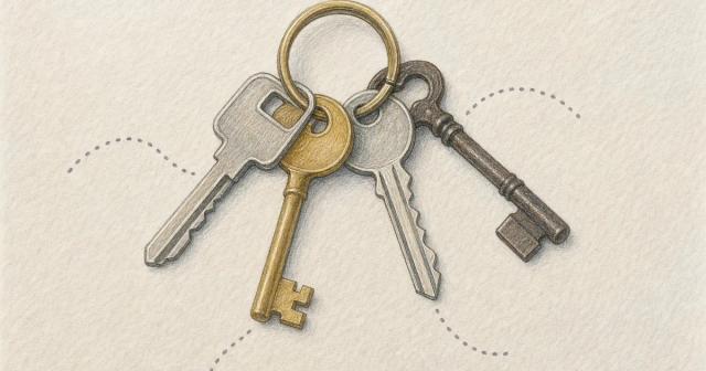 Close-up of a key ring with four different keys fanned out, faint dotted markers pointing to each