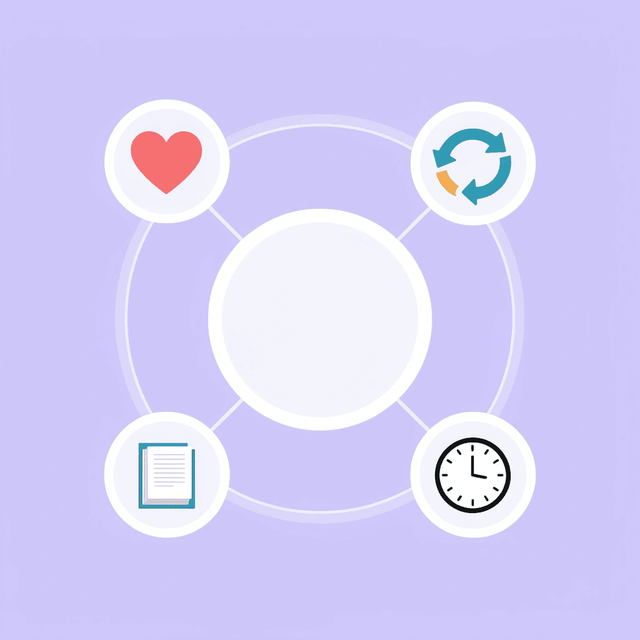 Five wellness factors (protein, fiber, water, movement, meal timing) connected to a central hub representing overall health