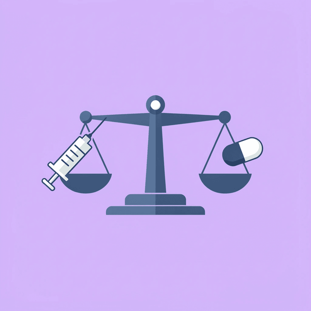 Balance scale comparing oral medication convenience on one side with injection bioavailability and dosing consistency on the other