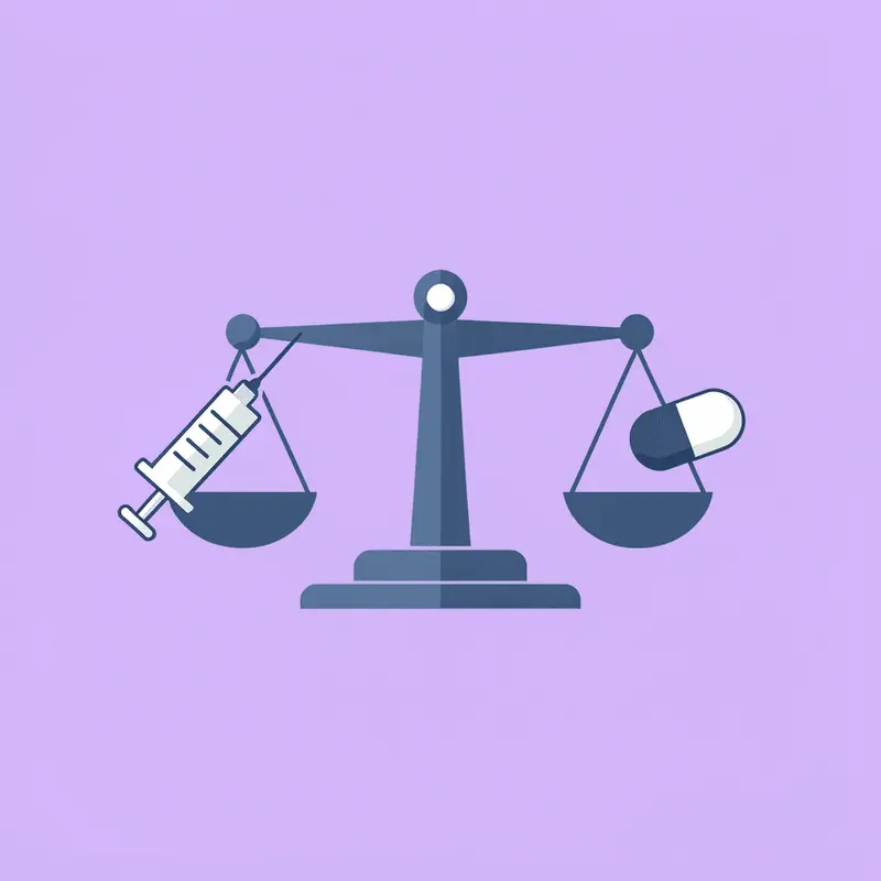  Balance scale comparing oral medication convenience on one side with injection bioavailability and dosing consistency on the other