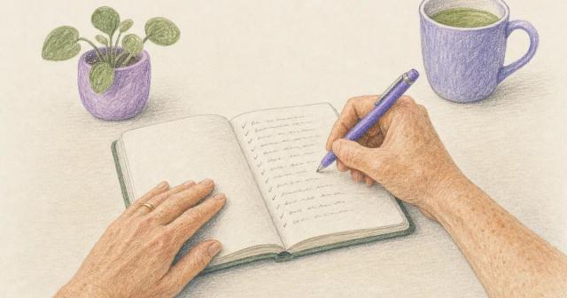 Hand writing a dated entry in a plain log notebook
