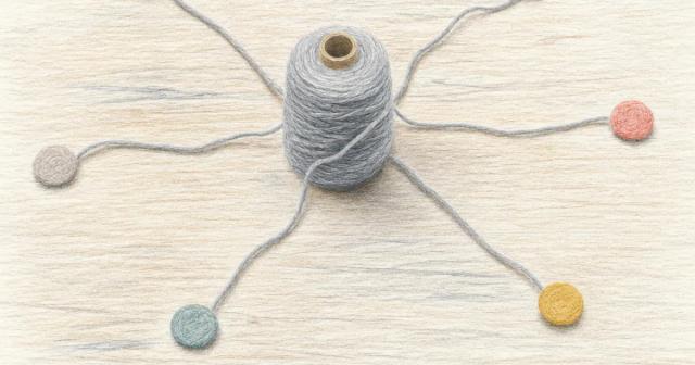 A spool of grey wool on a wooden table with six threads unwinding in different directions