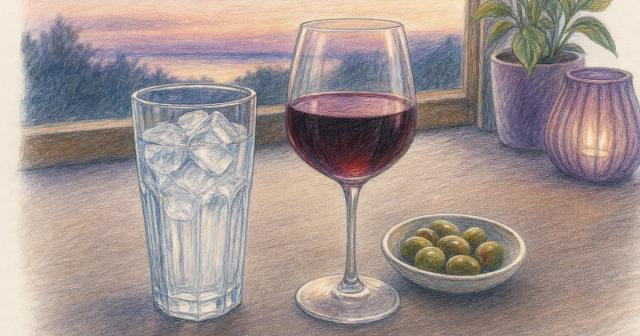A tall glass of ice water beside a single glass of wine and olives