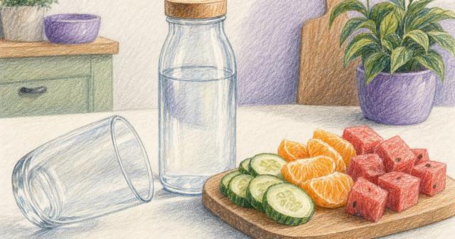 Empty glass beside a full water bottle and sliced hydrating fruit