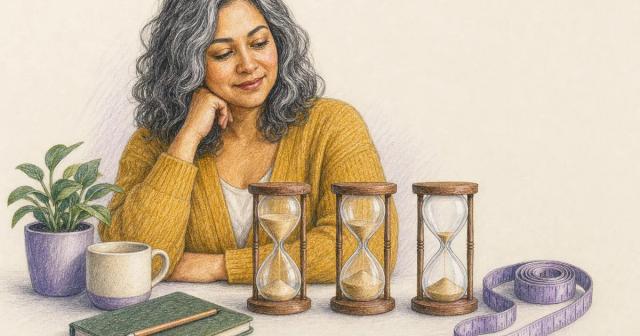 Three hourglasses with different sand levels beside a coiled measuring tape