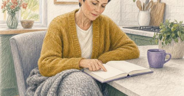 A person wrapped in a blanket reads a notebook in an armchair beside a sunlit kitchen counter