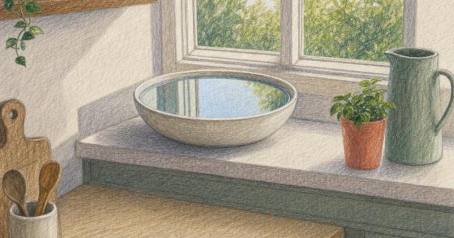 Shallow ceramic basin of perfectly still water on a sunlit kitchen windowsill