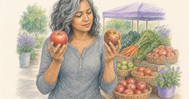 Woman at a market comparing a fresh apple with a bruised one
