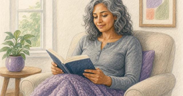 Woman reading calmly in an armchair under a soft blanket