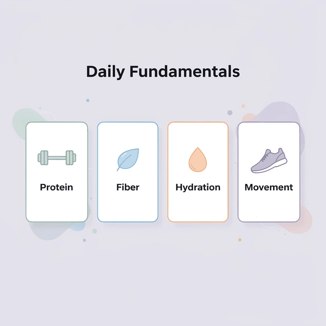 Four cards showing daily fundamentals for weight loss success