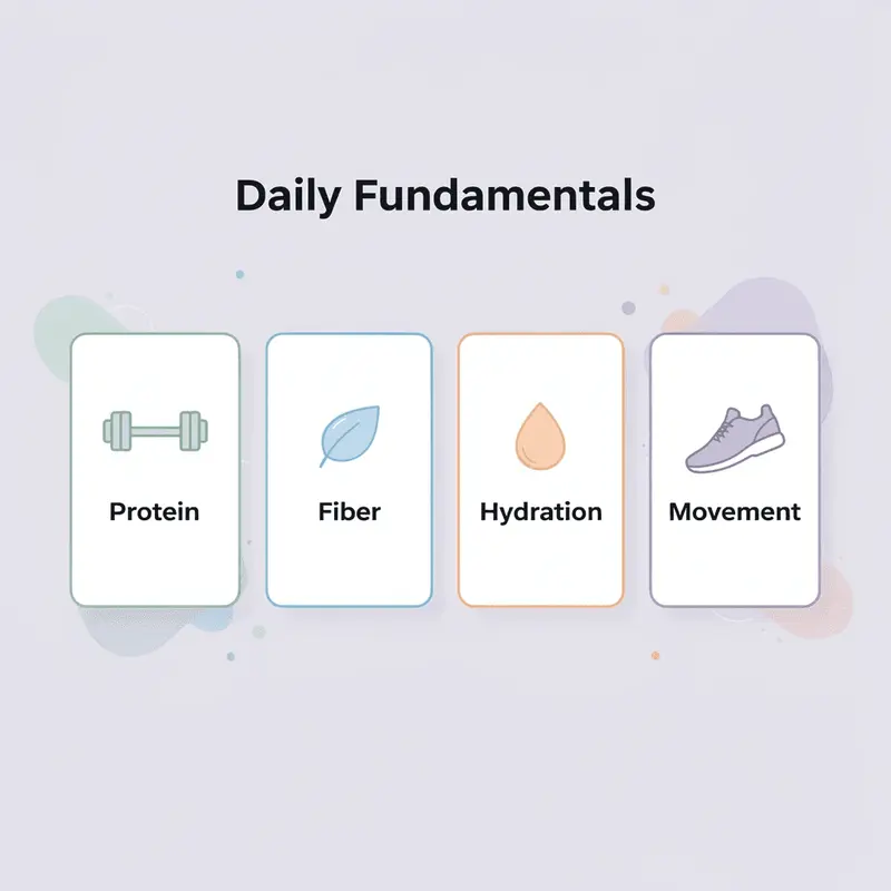 Four cards showing daily fundamentals for weight loss success