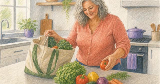 Person unpacking produce from a tote onto a kitchen counter in morning light