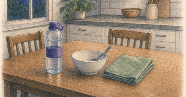 Water bottle, empty bowl and folded cloth set out on a table in evening light