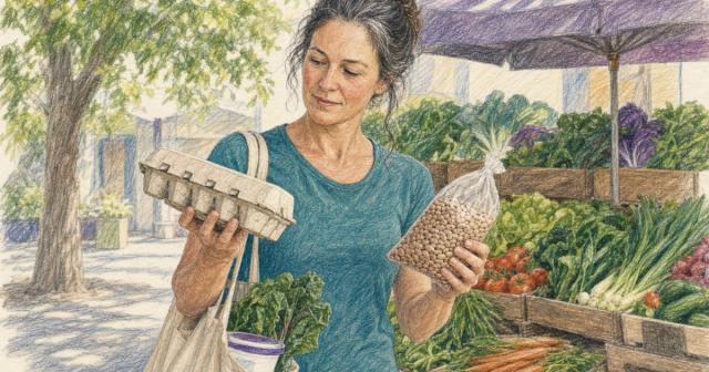 Woman at an outdoor market stall comparing a carton of eggs and a bag of beans