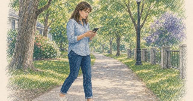 A woman pausing on a park path to read something on her phone