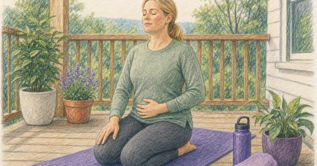 Woman kneeling on a yoga mat on a porch, hand on her stomach, paused mid-stretch