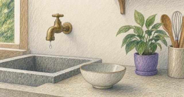 Brass kitchen tap turned nearly closed with a single slow drop at the spout