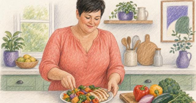 Woman plating colorful vegetables and protein at a kitchen counter