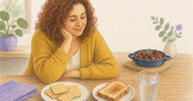 Plain crackers, toast and water up front, a rich dish set aside