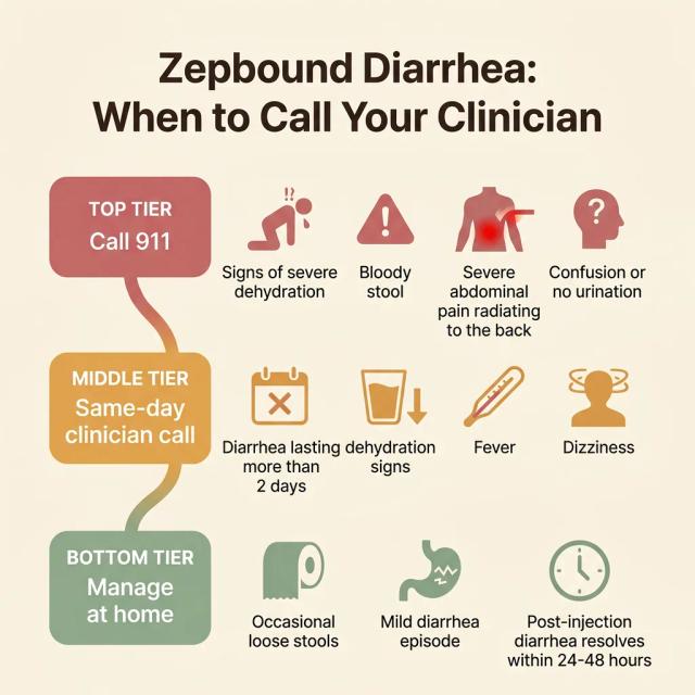 Decision tree for Zepbound diarrhea showing when to call 911 (severe dehydration, bloody stool, severe abdominal pain, confusion, no urination), call clinician same-day (diarrhea past 2 days, dehydration signs, fever, dizziness), or manage at home (occasional loose stools, mild diarrhea, post-injection diarrhea resolving in 24-48 hours)