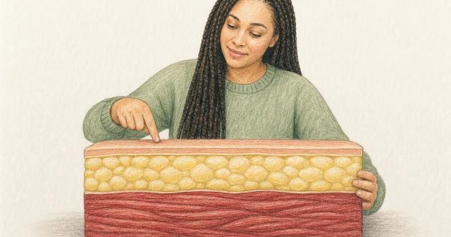 Cross-section of skin showing a soft fat layer above a dense muscle layer