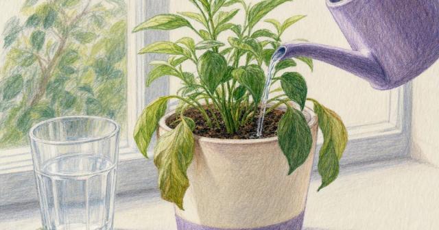 Close-up of a small watering can pouring into a drooping potted plant on a windowsill