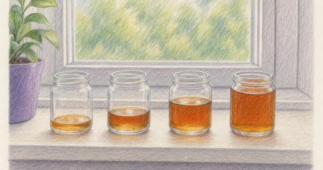 Four glass jars in a row holding increasing amounts of amber liquid on a sunlit windowsill