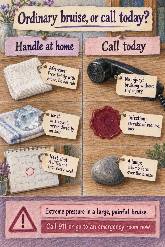 Chart splitting ordinary bruise aftercare from the bruise signs that need a call to your prescriber today.