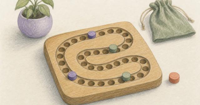 Wooden peg board game on a table with a loose peg resting beside the track