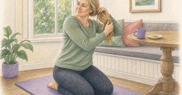 Woman pausing mid-stretch on a mat by a sunlit breakfast nook to tie back her hair