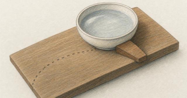 A water-filled bowl on a tilted board held level by a small wooden wedge