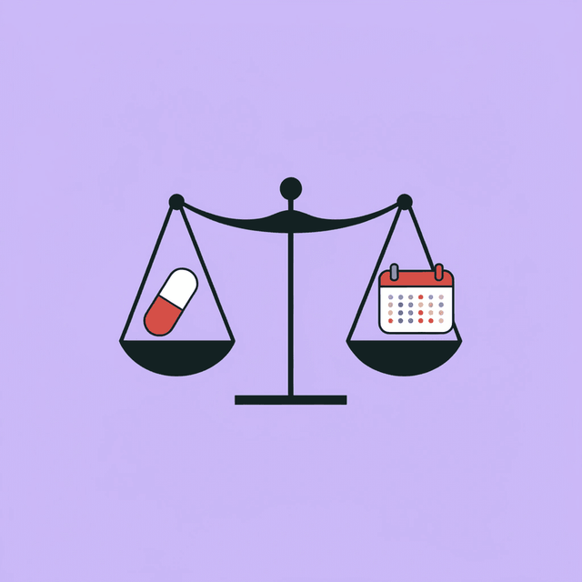 Balance scale comparing daily oral pill convenience against weekly injection burden