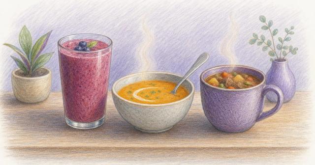 A smoothie, a bowl of soup, and a mug of stew lined up as low-appetite meals