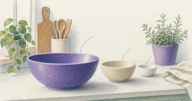 Three descending-size bowls in a row, the largest in front