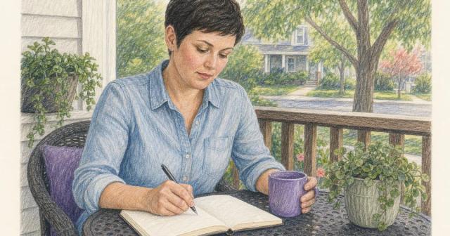 Woman writing in a notebook at a small porch table in morning light