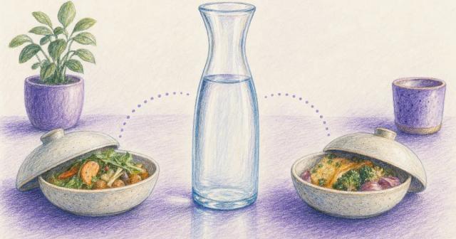 A day timeline showing water sipped in the gaps between three small meals