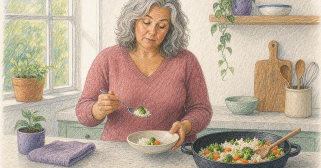 Woman at a kitchen counter serving a small portion into a bowl in morning light