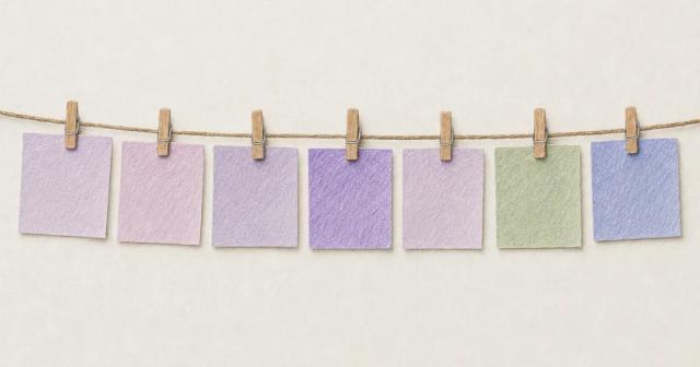 Seven small paper squares clipped in a row on a string, each a slightly different shade