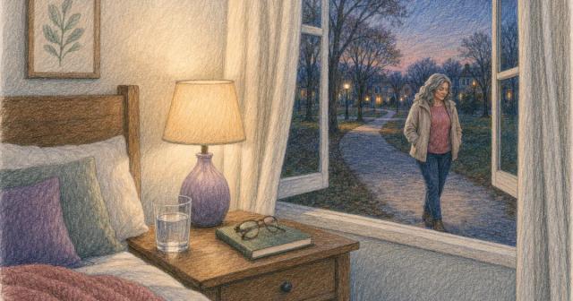 Bedroom nightstand at dusk with a woman walking alone on a park path outside the window