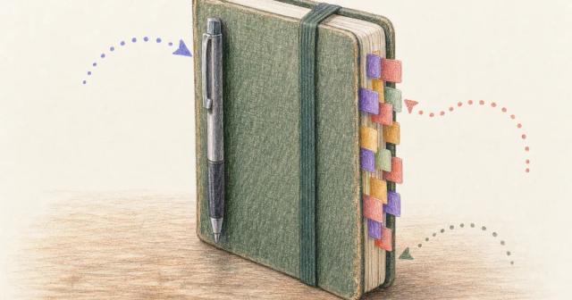 Close-up of a tabbed cloth notebook with a clipped pen and soft dotted markers on a wooden surface