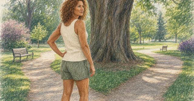 A person pausing on a park trail where the path splits, looking back over their shoulder
