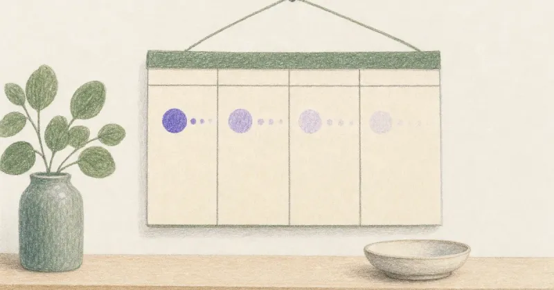 Wall calendar with a weekly dot fading gently over four weeks