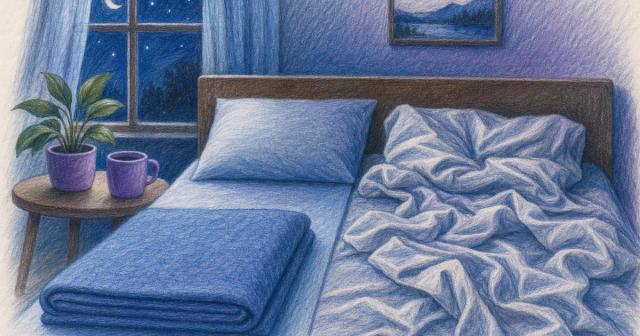 Folded calm blanket beside a twisted restless sheet on a moonlit bed